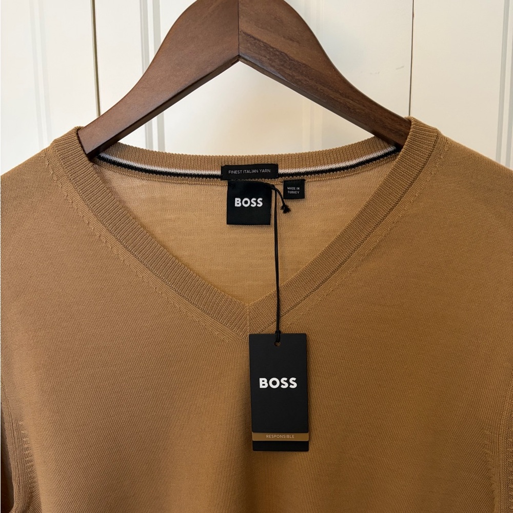 Boss Camel V-Neck Pullover. 100% Virgin Wool